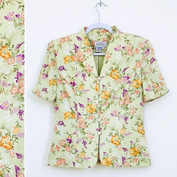 Adrianna Papell 100% Silk Jacket Short Sleeve Green Floral Buttons Front Lining - Picture 1 of 12